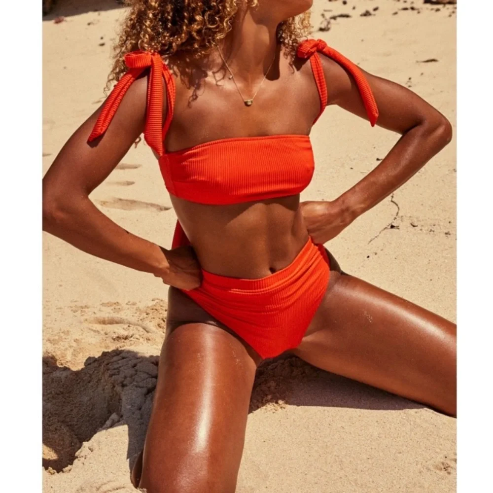 Monday Swimwear Bikini SET Santorini Top Red Rib & Riviera Bottom Retired‎ HTF